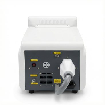 Widok z tyłu, Air Essence™ Fluxion F1 laser pikosekundowy do usuwania tatuażu - urządzenie kosmetyczne w bieli i szarości z kablem zasilającym, kratką wentylacyjną, przełącznikami, etykietami ostrzegawczymi i znakiem CE na białym tle.