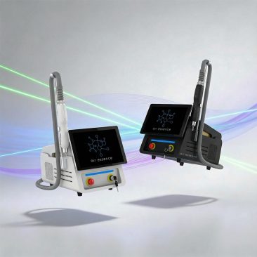 Dwa laserowe urządzenia do usuwania tatuaży Air Essence™ Fluxion F1 LASER PIKOSEKUNDOWY, w kolorze białym i czarnym, mają ekrany z grafiką molekularną i tekstem 