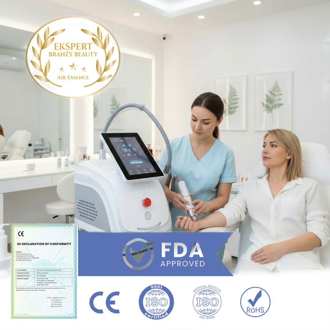 Zabieg z użyciem lasera pikosekundowego Fluxion F3 w nowoczesnym gabinecie estetycznym; widoczne certyfikaty CE, FDA, ISO i RoHS potwierdzające bezpieczeństwo oraz wysoką jakość urządzenia.
