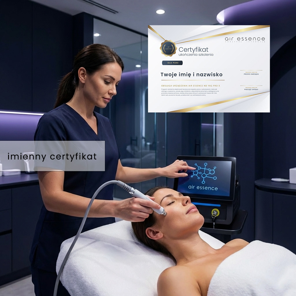 Zabieg z wykorzystaniem lasera pikosekundowego Fluxion F1 w gabinecie medycyny estetycznej; specjalistka pracuje nad twarzą pacjentki, imienny certyfikat jakości urządzenia.