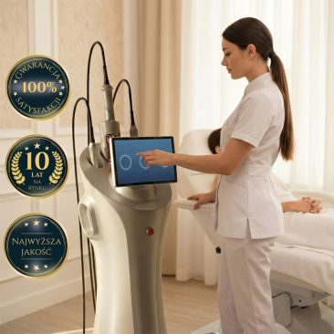 Kosmetolog obsługująca ekran dotykowy urządzenia Air Essence™ Endermovac D5 do modelowania ciała i zabiegów na twarz w gabinecie, obok grafiki z informacją o gwarancji 100% satysfakcji, 10 latach na rynku i najwyższej jakości.