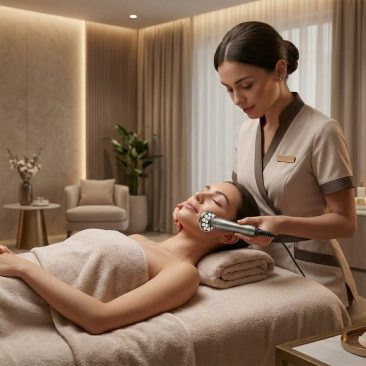 Zabieg na twarz wykonywany urządzeniem Air Essence™ Endermovac D5 do modelowania ciała i zabiegów na twarz, kosmetolog przykłada końcówkę z kulkami do policzka klientki w gabinecie.