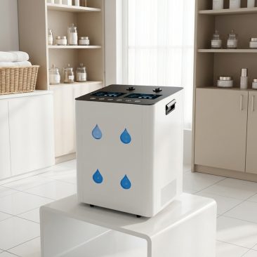 Air Essence™ Euria E10 - inhalator wodoru stoi na postumencie w przyjaznym, nowoczesnym, jasnym pomieszczeniu z półkami wypełnionymi ręcznikami i różnymi domowymi pojemnikami.