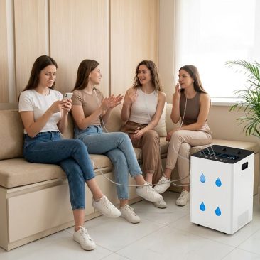 Cztery młode kobiety relaksują się na beżowej sofie w jasnym pokoju, rozmawiając i korzystając z telefonów, swobodnie podłączone za pomocą rurek do inhalatora wodorowego Air Essence™ Euria E10 (1500-12000 ml, H2 + O2 gaz Browna) z niebieskimi symbolami kropli wody.