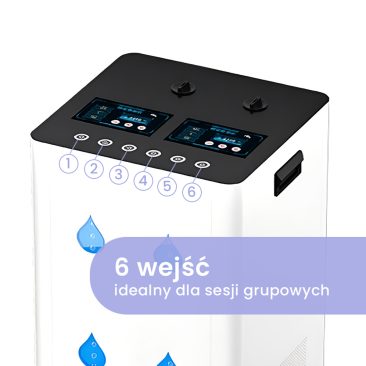 Zbliżenie inhalatora Air Essence™ Euria E10 wodoru 1500-12000ml, H2 + O2 gaz Browna, pokazuje jego białą obudowę, czarną górę z dwoma cyfrowymi ekranami i pokrętłami sterującymi. Nakładka tekstowa w języku polskim: 6 wejść idealnych dla sesji grupowych.
