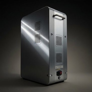 Inhalator Air Essence™ Euria E8 wodoru 3000-4200ml (H2 + O2 gaz Browna) stoi pionowo, posiada elegancką metaliczną prostokątną konstrukcję z wentylowanymi panelami i uchwytem na górze na ciemnym tle.