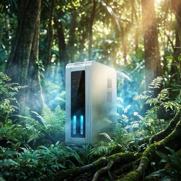 Inhalator Air Essence™ Euria E8 wodoru 3000-4200ml, H2 + O2 gaz Browna, znajduje się pośród bujnego, zielonego lasu otoczonego paprociami i wysokimi drzewami, przez które wpada światło słoneczne.