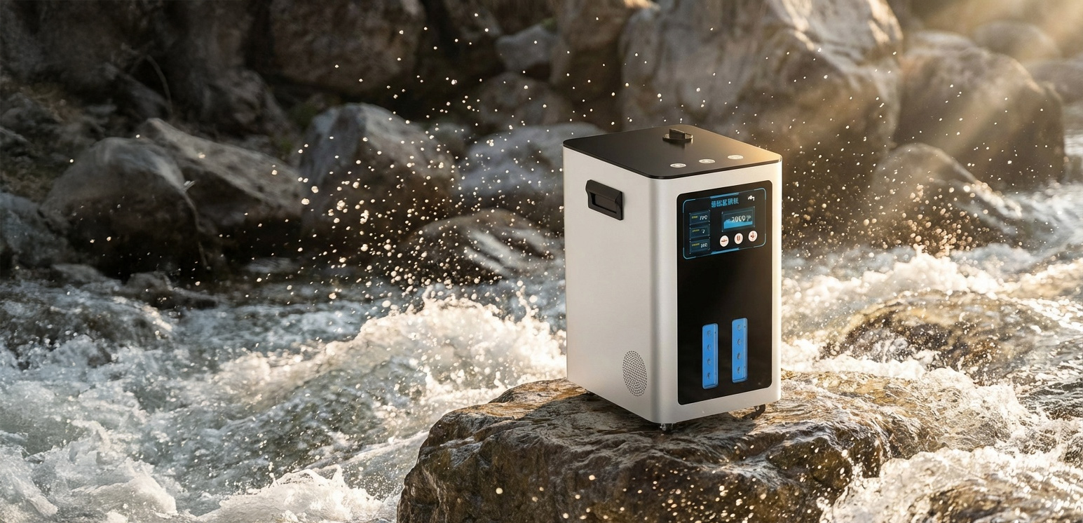 Inhalator wodorowy Air Essence™ Euria E9 (900-9600 ml, gaz H2 + O2) spoczywa na skale w płynącym strumieniu, otoczony pluskającą wodą i światłem słonecznym.