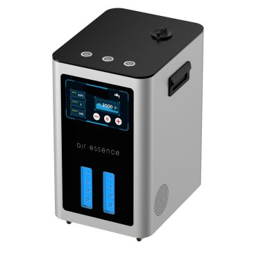 Air Essence™ Euria E9 to elegancki srebrno-czarny inhalator wodorowy (900-9600 ml, H2 + O2 gaz Browna) wyposażony w cyfrowy wyświetlacz, przyciski sterujące, dwa niebieskie wkłady filtrujące i boczne uchwyty ułatwiające przenoszenie.