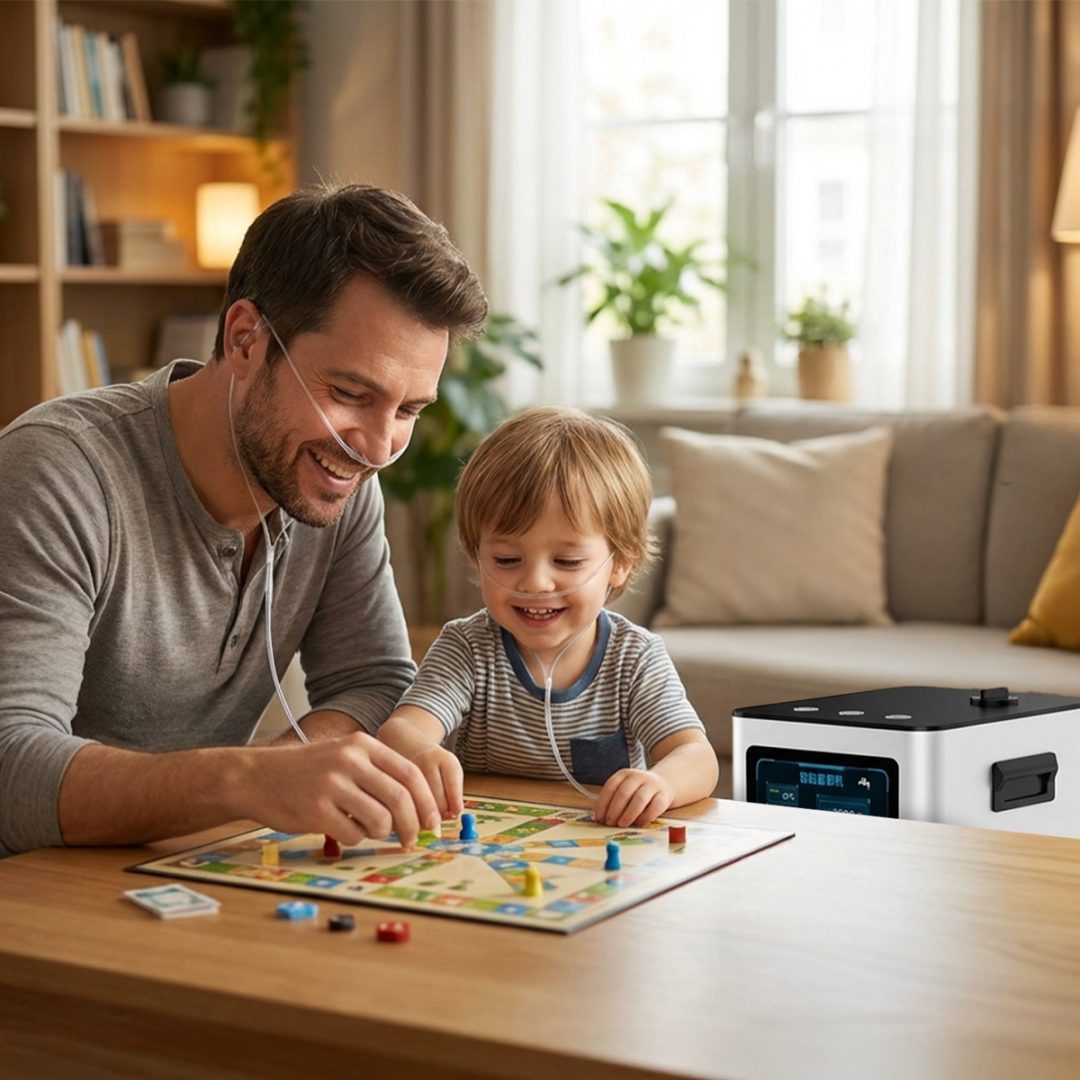 Uśmiechnięty mężczyzna i młody chłopiec grają w grę planszową przy przytulnym stole, obaj korzystają z przewodów tlenowych podłączonych do inhalatora Air Essence™ Euria E9 o pojemności 900-9600 ml, H2 + O2 gaz Browna w pobliżu. Otoczenie jest wesołe i ciepłe.