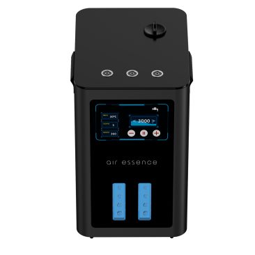 Czarny, prostokątny inhalator Air Essence™ Euria E9 z cyfrowym wyświetlaczem pokazującym temperaturę i timer, trzema górnymi przyciskami i dwoma niebieskimi otworami z przodu. Dozuje 900-9600 ml H2 + O2 gaz Browna.