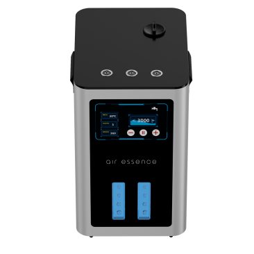 Air Essence™ Euria E9 to nowoczesny inhalator wodorowy (900-9600 ml, H2 + O2 gaz Browna) z czarną górą, trzema okrągłymi przyciskami, cyfrowym wyświetlaczem temperatury/ustawień i dwoma niebieskimi wkładami na przednim panelu.