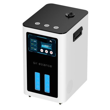 Air Essence™ Euria E9 to biało-czarny inhalator wodoru z cyfrowym wyświetlaczem, górnymi przyciskami sterowania, dwoma niebieskimi pionowymi wskaźnikami i bocznym uchwytem, dostarczający 900-9600 ml H2 + O2 gaz Browna do oczyszczania lub nawilżania powietrza.
