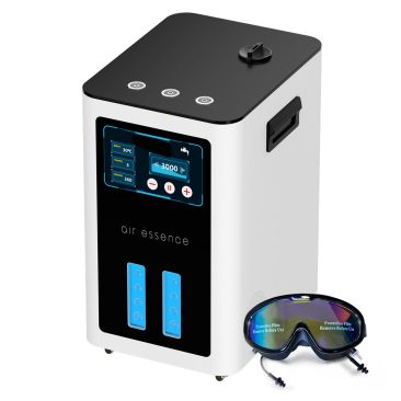 Air Essence™ Euria E9 to biało-czarny inhalator wodoru z cyfrowym wyświetlaczem, górnymi przyciskami sterowania, dwoma niebieskimi pionowymi wskaźnikami i bocznym uchwytem, dostarczający 900-9600 ml H2 + O2 gaz Browna do oczyszczania lub nawilżania powietrza.