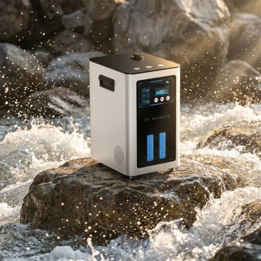 Air Essence™ Euria E9 - inhalator wodoru 900-9600ml H2 + O2 gaz Browna spoczywa na skałach w płynącym strumieniu, otoczony pluskającą wodą i światłem słonecznym podkreślającym jego elegancki, nowoczesny design.