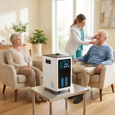 Pracownik służby zdrowia pomaga starszemu mężczyźnie korzystającemu z inhalatora Air Essence™ Euria E9 wodoru 900-9600ml, H2 + O2 gaz Browna, podczas gdy starsza kobieta siedzi w pobliżu w jasnym, nowoczesnym salonie z urządzeniem na stoliku między nimi.