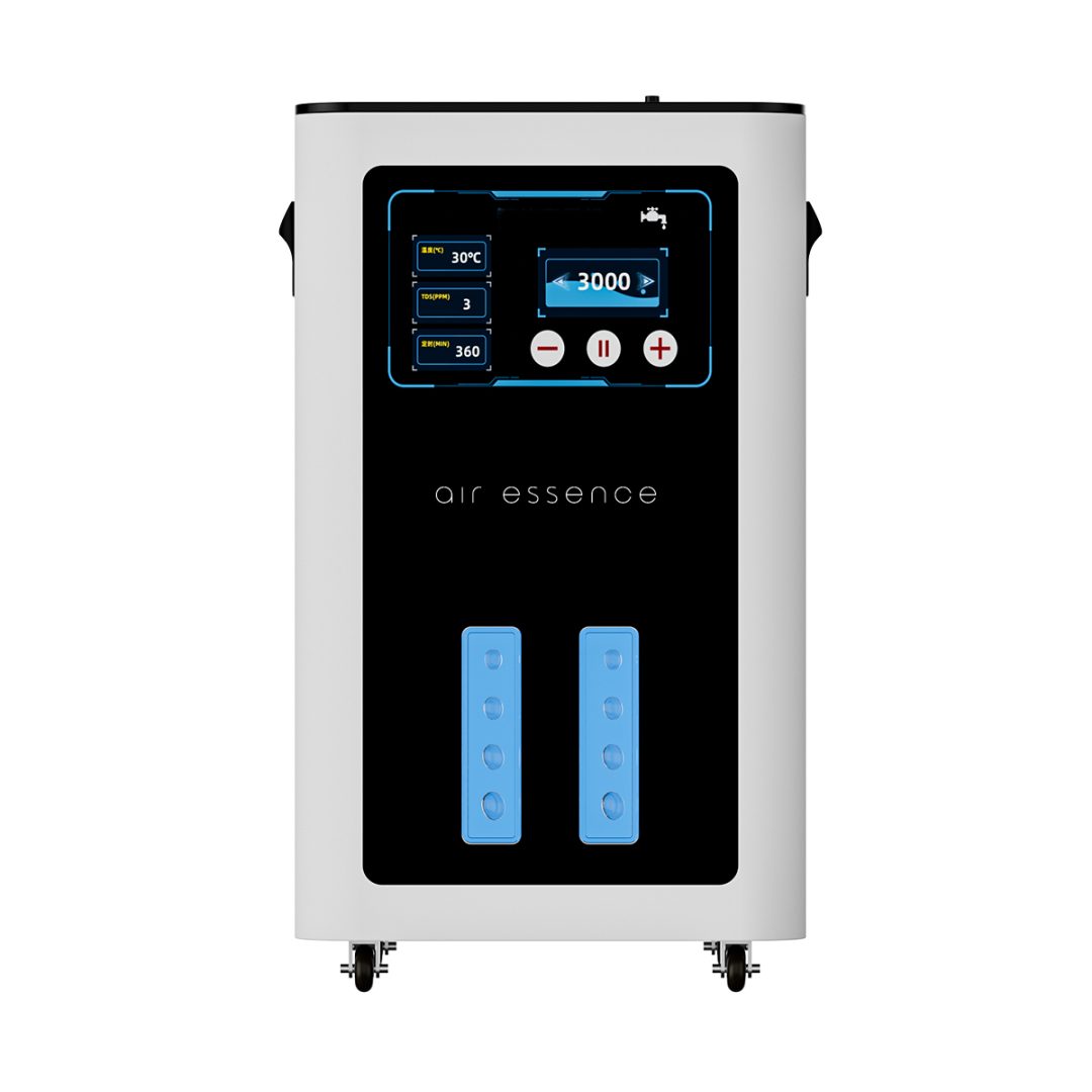 Biało-czarny inhalator Air Essence™ Euria E9 o pojemności 900-9600 ml, H2 + O2 gaz Browna, wyposażony w cyfrowy wyświetlacz z ustawieniami, przyciskami, wskaźnikami i dwoma pionowymi półprzezroczystymi niebieskimi panelami z przodu.