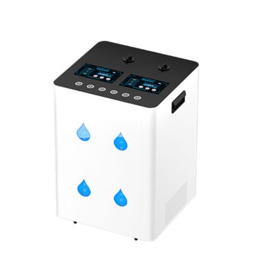 Inhalator Air Essence™ Euria E10 wodoru 1500-12000ml, H2 + O2 gaz Browna, to białe urządzenie w kształcie pudełka z czarnym górnym panelem sterowania wyposażonym w podwójne cyfrowe ekrany i przyciski, niebieskie ikony kropli wody z przodu, boczne uchwyty i małe nóżki podtrzymujące.