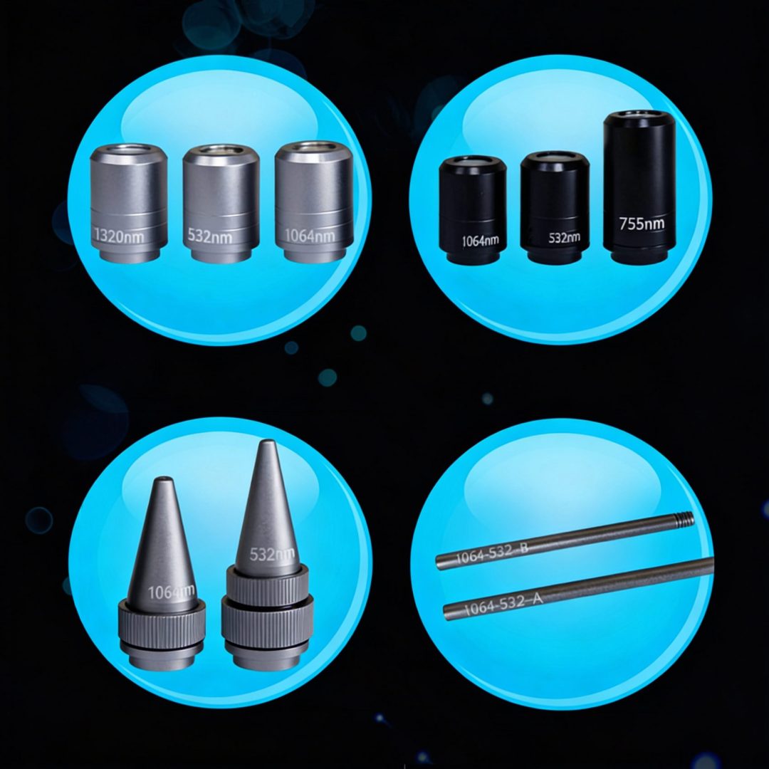 Cztery zestawy metalowych końcówek i prętów do lasera Air Essence™ Fluxion F3 są pokazane w niebieskich okręgach na ciemnym tle.