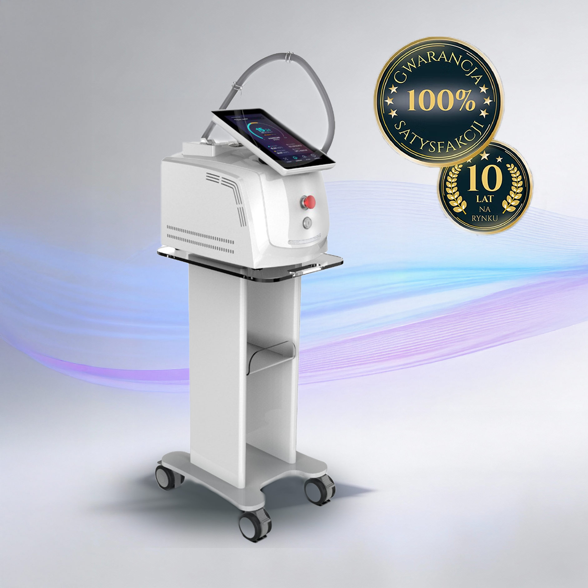 Air Essence™ Fluxion F3, białe, kosmetyczne urządzenie do laserowego usuwania tatuaży pikolaser na kółkach z ekranem dotykowym, na jasnym tle z niebieskimi i fioletowymi akcentami oraz polskimi odznakami: 100% Gwarancja Satysfakcji, 10 Lat na Rynku.