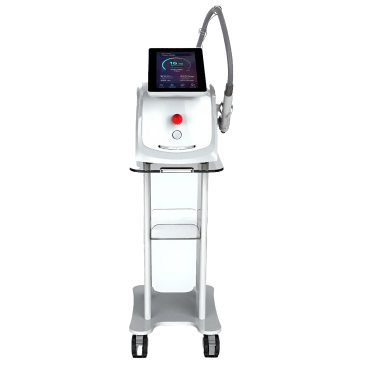 Air Essence™ Fluxion F3, kompaktowe białe urządzenie do laserowego usuwania tatuaży, na kółkach, wyposażona w ekran dotykowy, przyciski sterujące i głowicę zabiegową na elastycznym ramieniu.