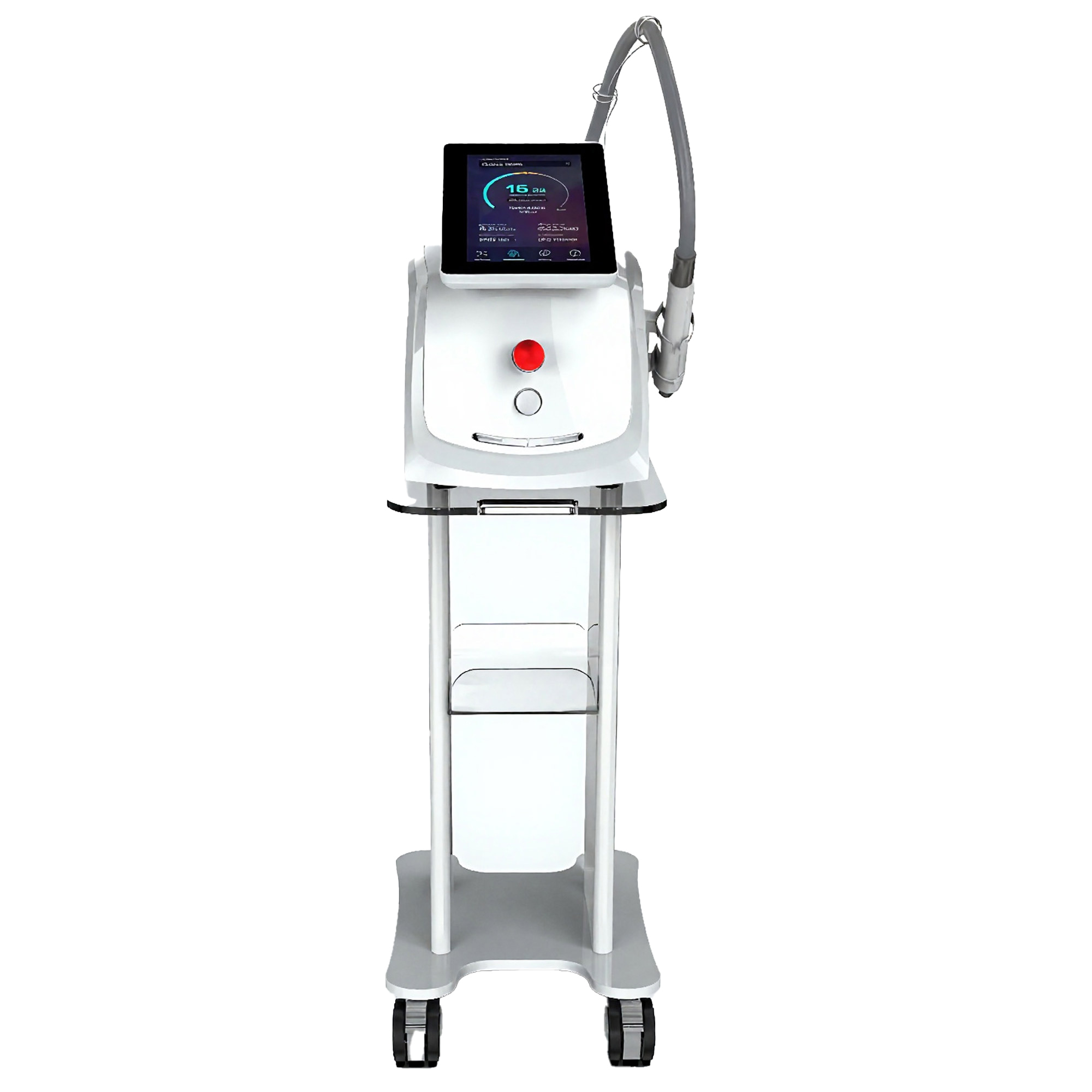 Air Essence™ Fluxion F3, kompaktowe białe urządzenie do laserowego usuwania tatuaży, na kółkach, wyposażona w ekran dotykowy, przyciski sterujące i głowicę zabiegową na elastycznym ramieniu.