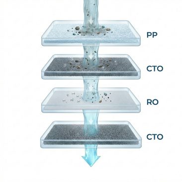 Schemat przedstawiający wodę przechodzącą przez cztery warstwy filtracyjne - PP, CTO, RO i CTO - w dystrybutorze wody Air Essence™ Zephyr Z1 z filtrem odwróconej osmozy RO, z których każda usuwa zanieczyszczenia, zapewniając czystszą wodę.