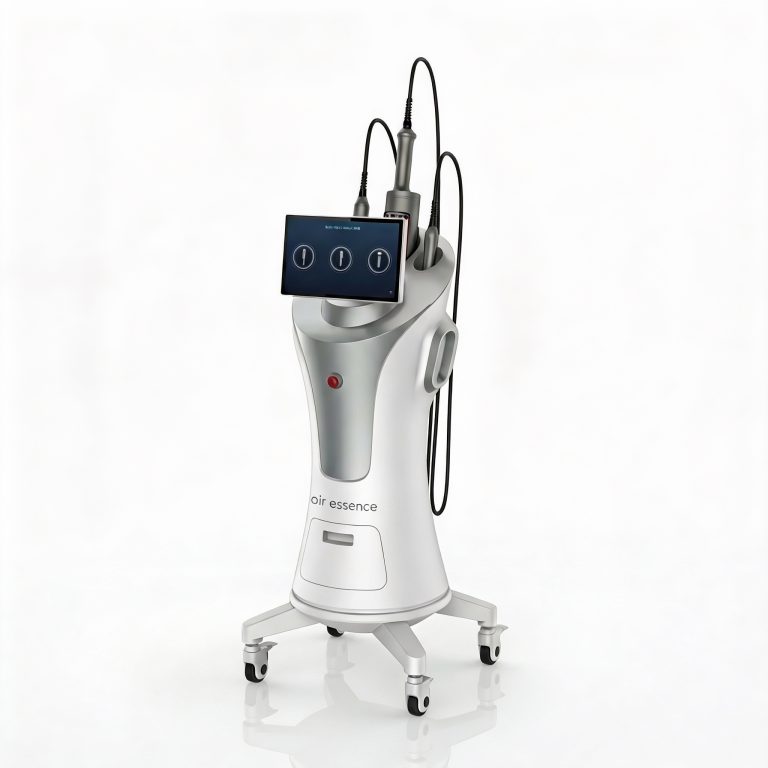Air Essence™ Endermovac D5 do modelowania ciała - smukłe srebrno-białe urządzenie na kółkach z obrotowym ekranem dotykowym i trzema aplikatorami podłączonymi przewodami.