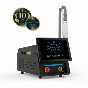 Czarny laser pikosekundowy Air Essence™ Fluxion F1 do usuwania tatuażu z ekranem dotykowym. Dwie polskie złote odznaki podkreślają 10 lat na rynku i najwyższą jakość.