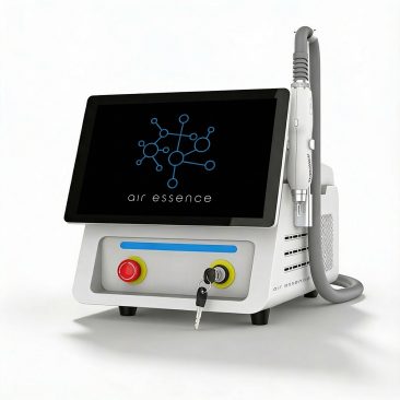 Air Essence™ Fluxion F1 to kompaktowe pikolaserowe urządzenie do usuwania tatuaży z ekranem dotykowym, dwoma przyciskami sterującymi, gniazdem na klucz i mobilną głowicą na grubym kablu.