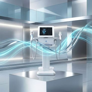 Air Essence™ Ventys V5 urządzenie do mezoterapii mikroigłowej RF w nowoczesnym, futurystycznym otoczeniu. System z dwoma głowicami zabiegowymi i ekranem dotykowym symbolizujący precyzyjną radiofrekwencję oraz zaawansowaną technologię liftingu i regeneracji skóry.