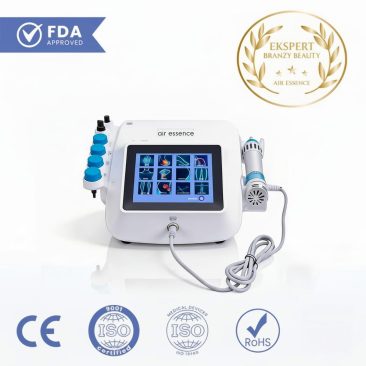 Fala uderzeniowa Air Essence™ Vortex V18, białe urządzenie terapeutyczne z ekranem dotykowym i niebieskimi końcówkami. Logo certyfikatów FDA, CE, ISO, RoHS i plakietka z nagrodą pojawiają się w prawym górnym rogu.