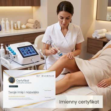 Kosmetyczka w białym uniformie używa urządzenia Fala uderzeniowa Air Essence™ Vortex V18, fala elektromagnetyczna na nogach klientki w gabinecie zabiegowym spa. Certyfikat odbycia szkolenia z obsługi urządzenia na pierwszym planie.