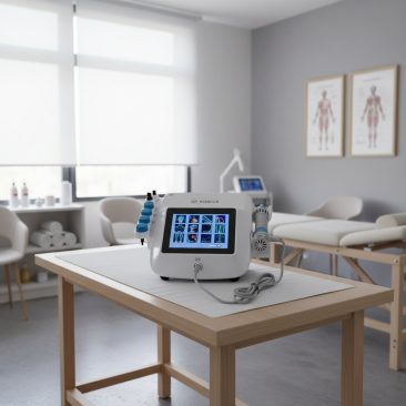 Fala uderzeniowa Air Essence™ Vortex V18, nowoczesne urządzenie elektromagnetyczne z cyfrowym ekranem, na drewnianym stole w dobrze oświetlonym pomieszczeniu kliniki.