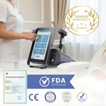 Air Essence™ Ventys V6 urządzenie do mezoterapii mikroigłowej RF podczas zabiegu w gabinecie medycyny estetycznej. Kosmetolog obsługuje ekran dotykowy z wyborem programów zabiegowych. Sprzęt posiada oznaczenie CE oraz spełnia normy ISO i RoHS, przeznaczony do liftingu, ujędrniania i poprawy jakości skóry.