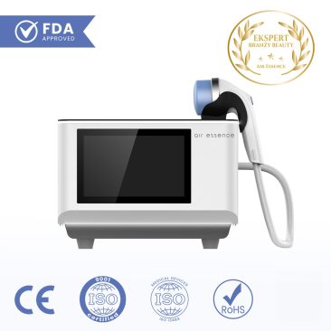 Urządzenie do terapii falą uderzeniową Air Essence Vortex V17 przeznaczone do leczenia bólu i regeneracji tkanek z ekranem dotykowym, głowicą zabiegową oraz oznaczeniami FDA, CE, ISO i RoHS