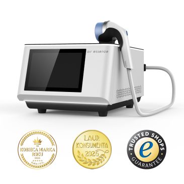 Air Essence Vortex V17 fala uderzeniowa do fizjoterapii i terapii przeciążeniowych z ekranem dotykowym i głowicą zabiegową oraz wyróżnieniami Kobieca Marka Roku 2025, Laur Konsumenta 2026 i certyfikatem Trusted Shops Guarantee