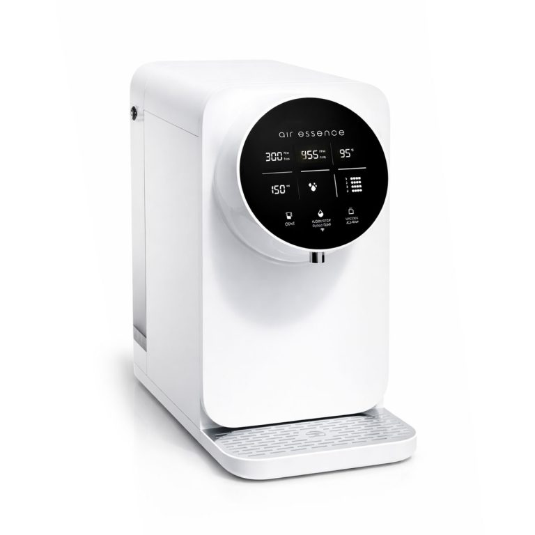 Air Essence™ Zephyr Z1 dystrybutor wody z filtrem odwróconej osmozy RO to nowoczesne, białe urządzenie nablatowe wyposażone w okrągły, czarny wyświetlacz cyfrowy do wyświetlania ustawień temperatury i wody oraz tacę ociekową u podstawy.
