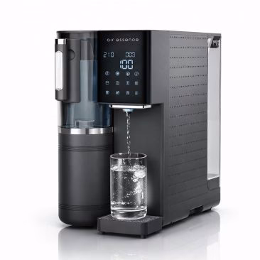 Air Essence™ Zephyr Z3 3w1 generator wodoru odwrócona osmoza jonizator to nowoczesny czarny oczyszczacz wody z cyfrowym wyświetlaczem i przezroczystym zbiornikiem, dozujący wodę do szklanki; jego elegancki, minimalistyczny design podkreśli każdą przestrzeń.