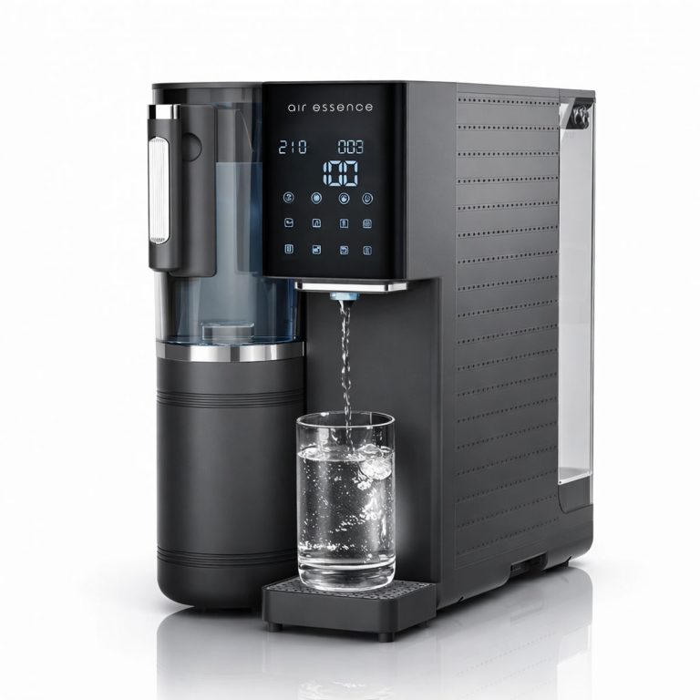 Air Essence™ Zephyr H₂Gen3 6w1 filtr do wody odwróconej osmozy z generatorem wodoru i mineralizatorem Air Essence™ Zephyr Z3 3w1 generator wodoru odwrócona osmoza jonizator to nowoczesny czarny oczyszczacz wody z cyfrowym wyświetlaczem i przezroczystym zbiornikiem, dozujący wodę do szklanki; jego elegancki, minimalistyczny design podkreśli każdą przestrzeń.