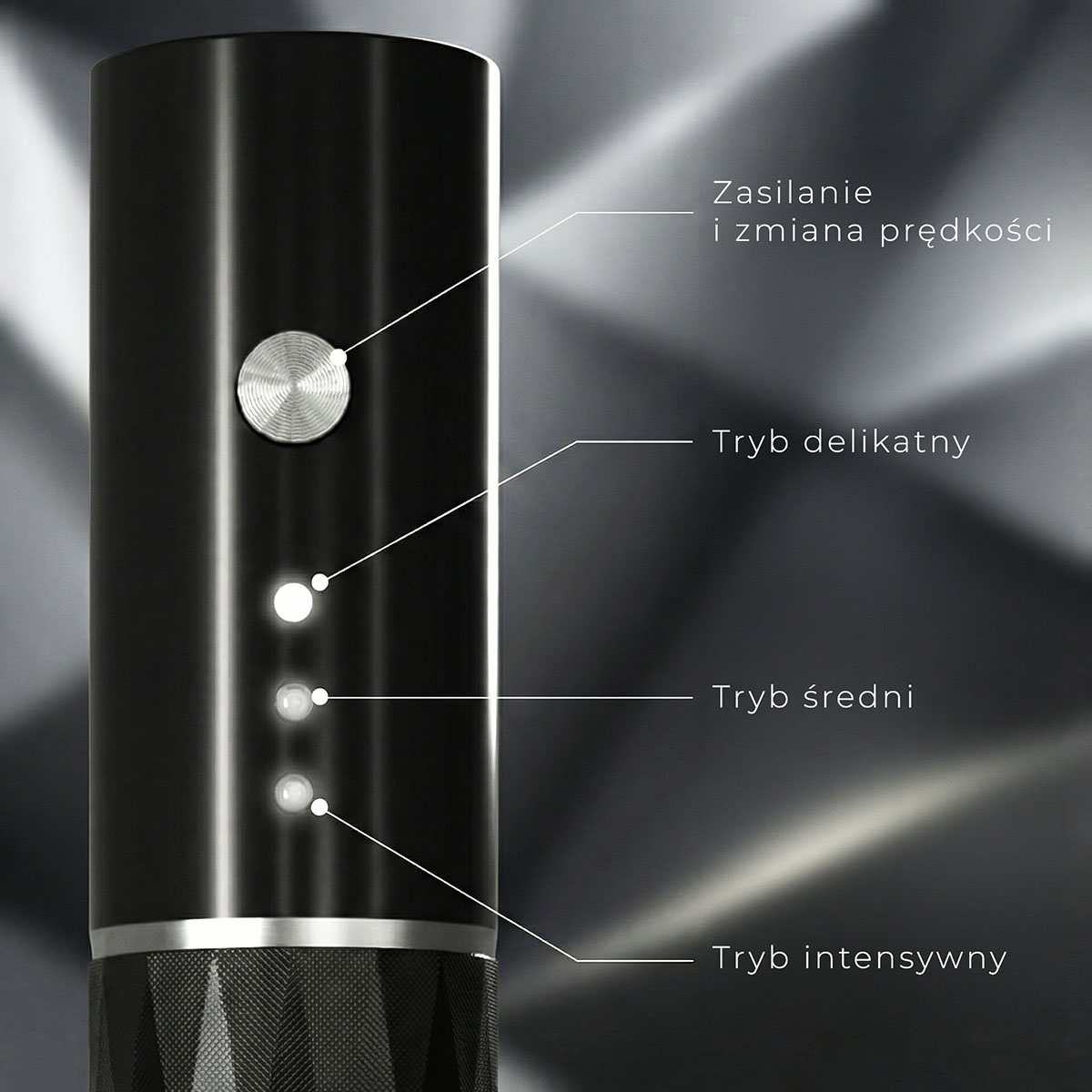 Air Essence™ Dermapen do mezoterapii mikroigłowej z regulacją prędkości pracy. Na zdjęciu widoczny panel sterowania z przyciskiem zasilania oraz trzema trybami intensywności: delikatnym, średnim i intensywnym. Urządzenie umożliwia precyzyjne dopasowanie tempa mikronakłuć do rodzaju skóry i celu zabiegu, wspierając stymulację kolagenu oraz poprawę struktury skóry.