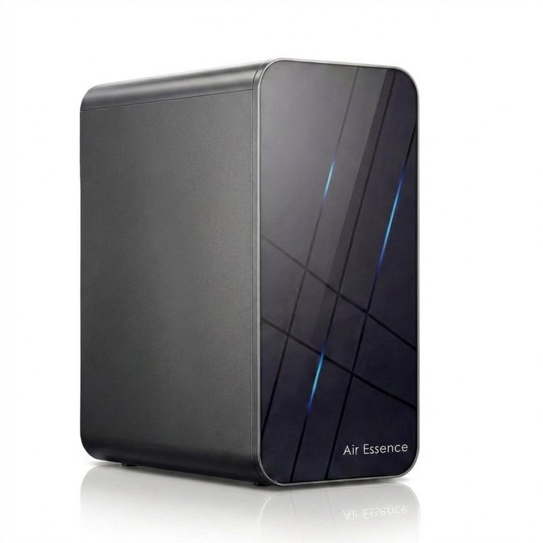 Air Essence™ Zephyr Z4 to nowoczesny filtr odwróconej osmozy z UV, wyposażony w błyszczący czarny panel przedni z cienkimi niebieskimi liniami i napisem "Air Essence" w dolnym rogu. Boki i góra są matowo czarne.