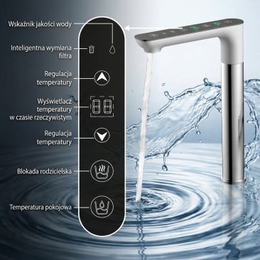 Air Essence™ Zephyr Z5, nowoczesna srebrna bateria RO pod zlewozmywak, dozuje wodę, a ikony w języku polskim podkreślają jej funkcje: wskaźnik jakości wody, ostrzeżenie o wymianie filtra, regulacja temperatury, wyświetlacz, blokada przed dziećmi i ustawienie temperatury pokojowej.