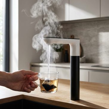 Ręka trzyma szklany kubek z torebką herbaty pod kranem odwróconej osmozy Air Essence™ Zephyr Z5 na blacie kuchennym, podczas gdy gorąca woda wlewa się do kubka.