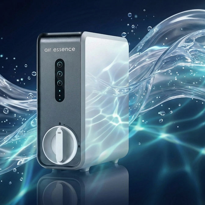 Air Essence™ Zephyr Z5, nowoczesny podzlewozmywakowy filtr odwróconej osmozy z funkcją gorącej wody, jest prezentowany na niebieskim tle z wirującą wodą i bąbelkami, podkreślając świeżość i zaawansowane oczyszczanie.