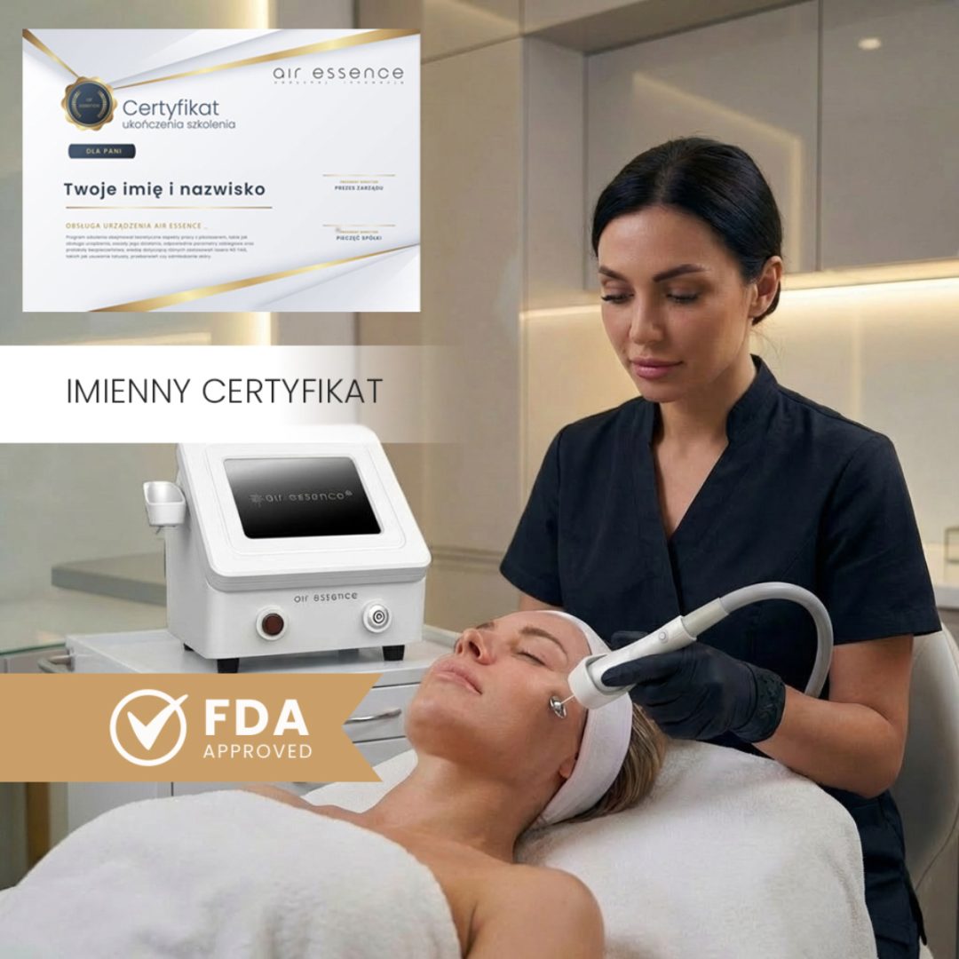 Zabieg laserowy Aeria Dermaluxe w profesjonalnym gabinecie medycyny estetycznej; specjalistka pracuje z precyzyjną głowicą, a grafika podkreśla imienny certyfikat i zgodność z FDA.