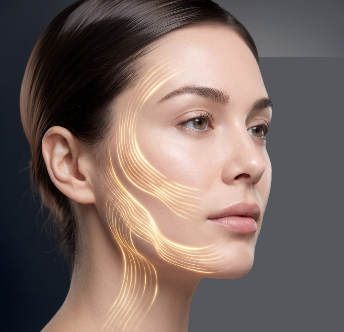 Kobieta o czystej skórze pokazana jest z profilu na ciemnym tle, świecące linie na jej policzkach i szczęce podkreślają efekty Air Essence™ dermapen Pen Pulse PRO, zaawansowanego urządzenia do mezoterapii mikroigłowej.