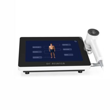Laser wysokoenergetyczny Anabatic 3 posiada ekran dotykowy pokazujący schemat ludzkiego ciała z wybieranymi obszarami zabiegowymi, etykietowanie esencji powietrza i dołączony ręczny aplikator po prawej stronie.