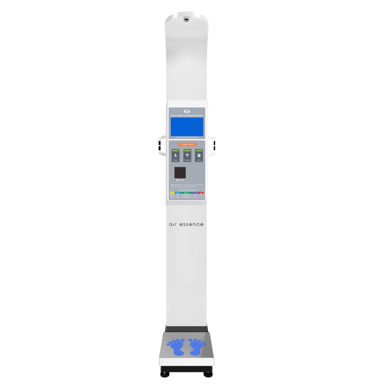Air Essence™ AirMetrics M5 - profesjonalne urządzenie do analizy składu ciała (BIA) z pomiarem wzrostu, wagą cyfrową oraz raportem w telefonie po kodzie QR i wydrukiem z wbudowanej drukarki termicznej.