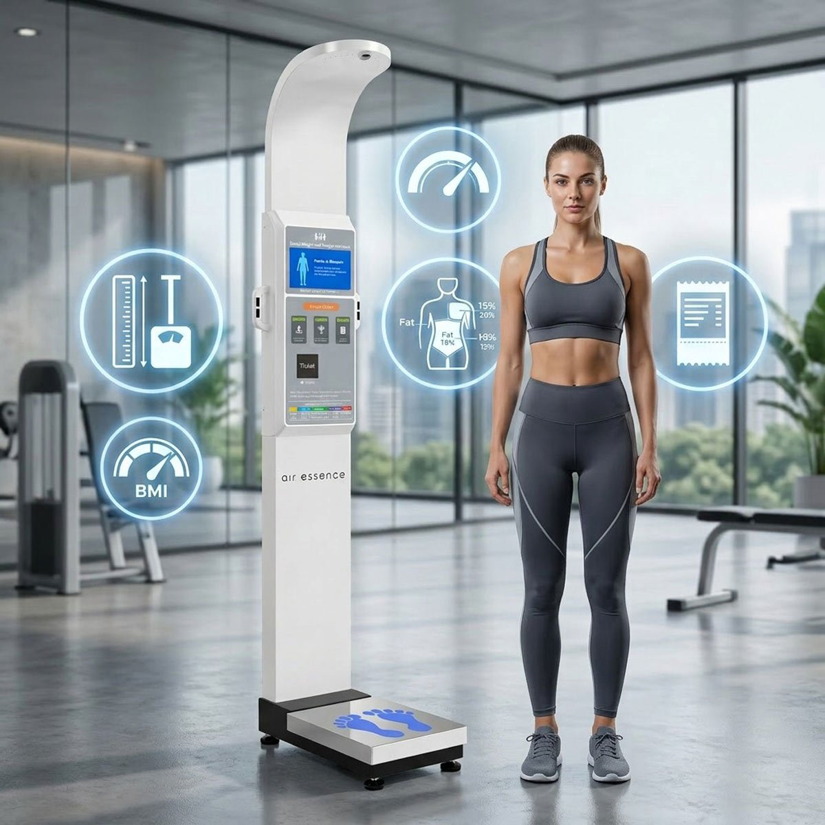 Air Essence™ AirMetrics M5 - profesjonalne urządzenie do analizy składu ciała (BIA) z pomiarem wzrostu, wagą cyfrową oraz raportem w telefonie po kodzie QR i wydrukiem z wbudowanej drukarki termicznej.